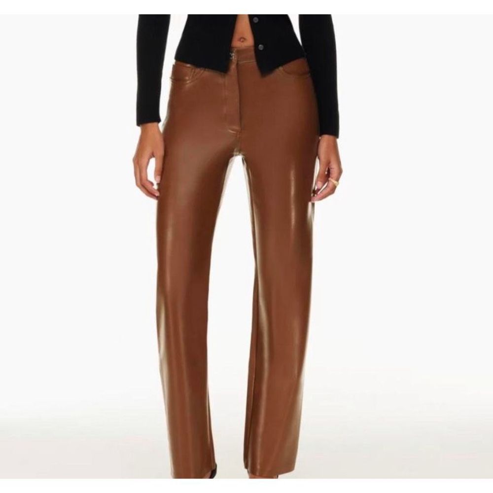 ZARA Medium Brown Leather Pants High Waist Straight Leg Jean - Picture 1 of 10